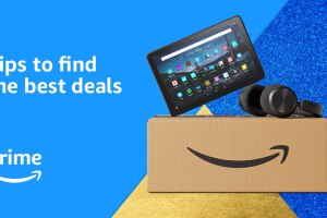 An image of two devices sitting on top of an Amazon branded box to the right and text on the left that reads "Tips to find the best deals" with a prime logo below. The background is blue. 