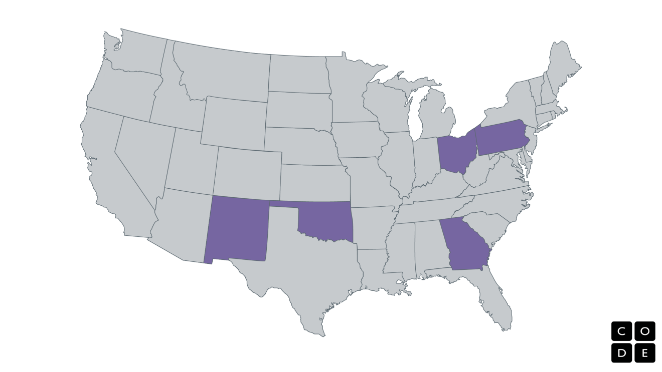 A map highlighting five states.