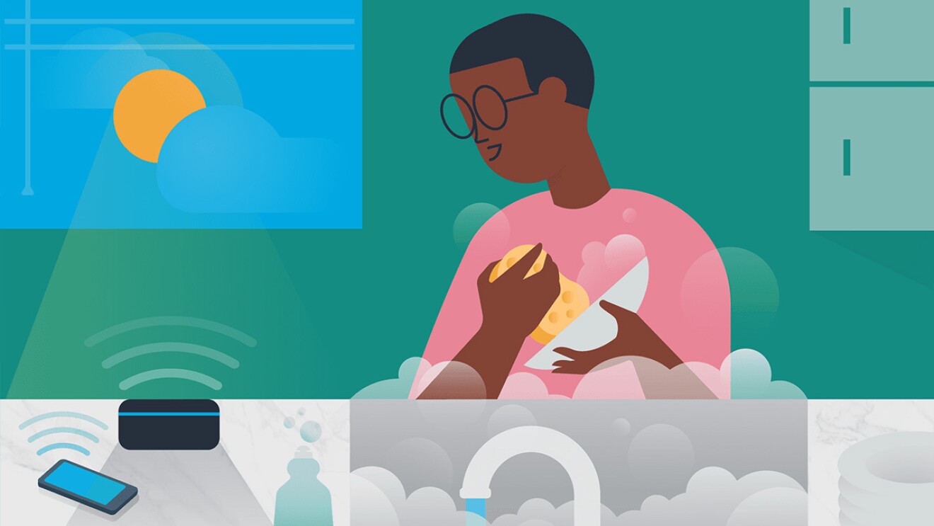 一个人洗盘子的插图。在左边的柜台上有一部电话和一个亚马逊Echo设备。