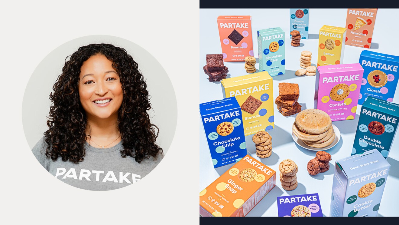 A photo of Denise Woodard, founder and CEO, Partake Foods, and a photo of Partake cookies.