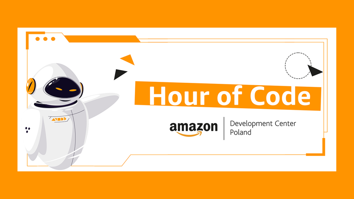 A text graphic showing a robot, "Hour of Code" and the Amazon logo, as well as "Development Center Poland"