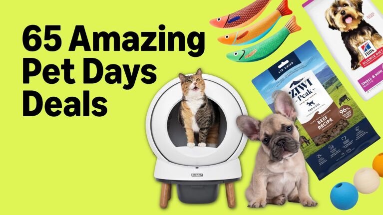 Pet Days promotional banner featuring 65 amazing deals with cat litter box, French Bulldog puppy, dog food, toys, and pet supplies on yellow background