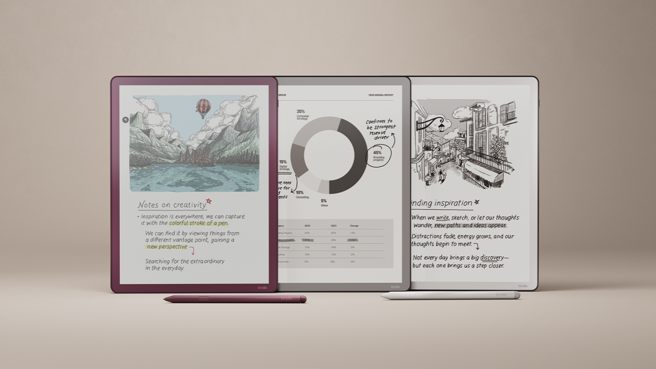 Three e-readers displaying notes on creativity, a pie chart, and urban sketches