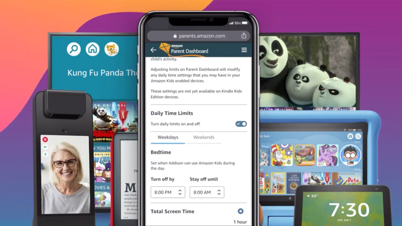 An image of Amazon's Parent Dashboard on a phone screen with miscellaneous kids devices around it on a purple background. 