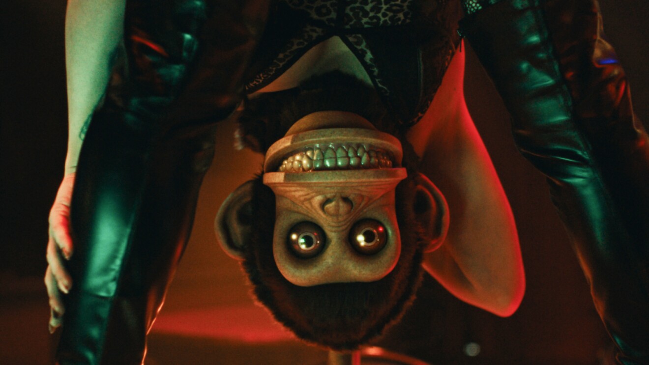 Upside-down, nightmarish monkey with large eyes and teeth in a dark, moody setting