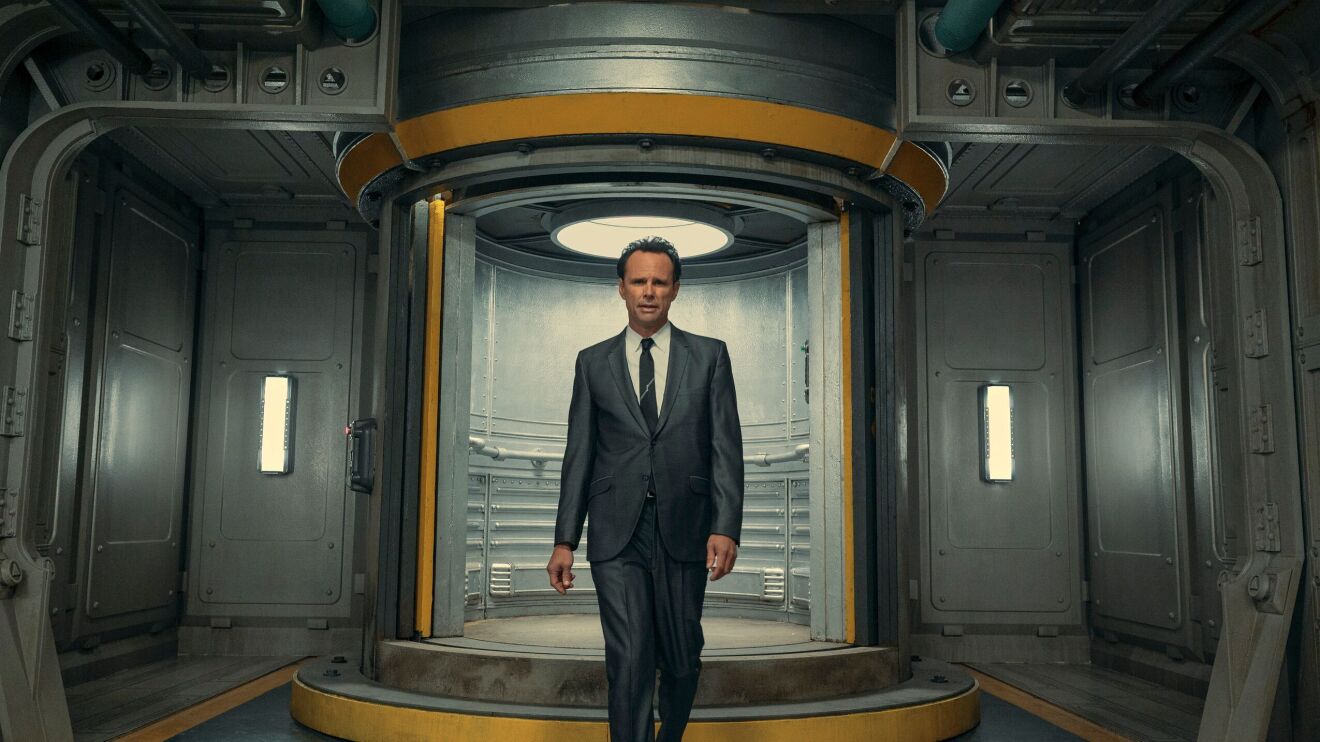 A scene from Prime Video's Fallout. Cooper Howard Vault Tec Walton Goggins pre-apocalyptic flash back