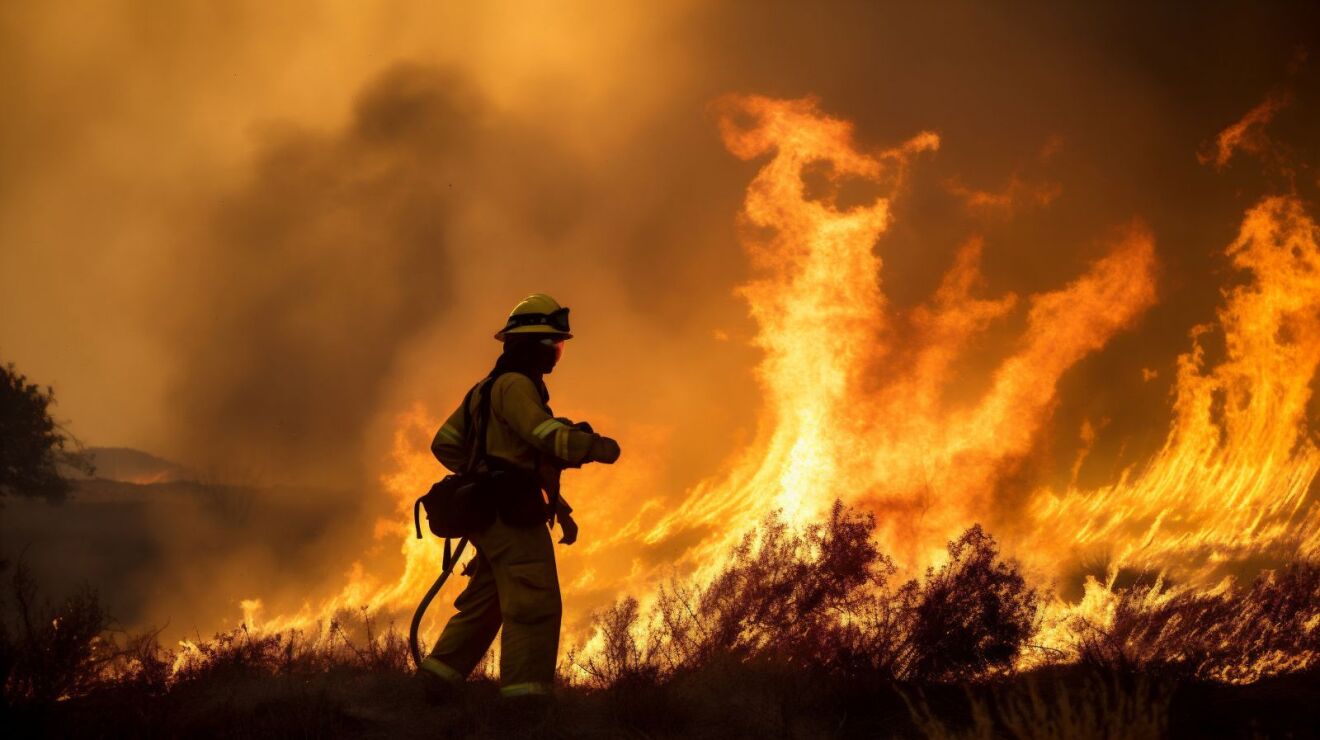 A silhouette of a firefighter in front of a blazing fire