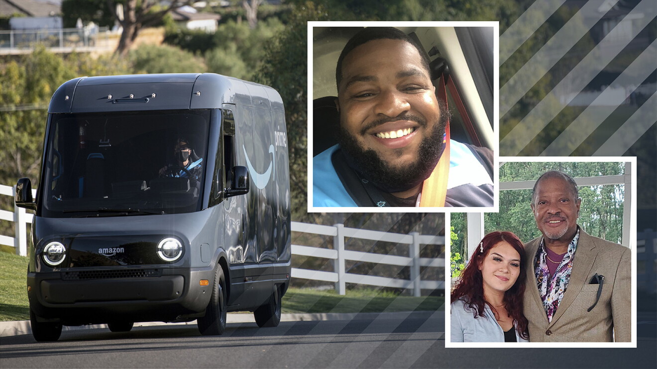 An image of an Amazon deliver van with two additional images laid on top of it. The two additional images show a selfie of on of the drivers and an image of two people smiling for a photo. 