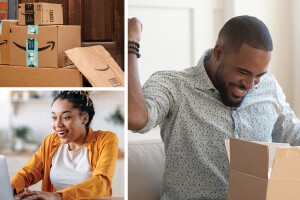 A collage of three images showing amazon boxes, and customers ordering online and opening boxes.