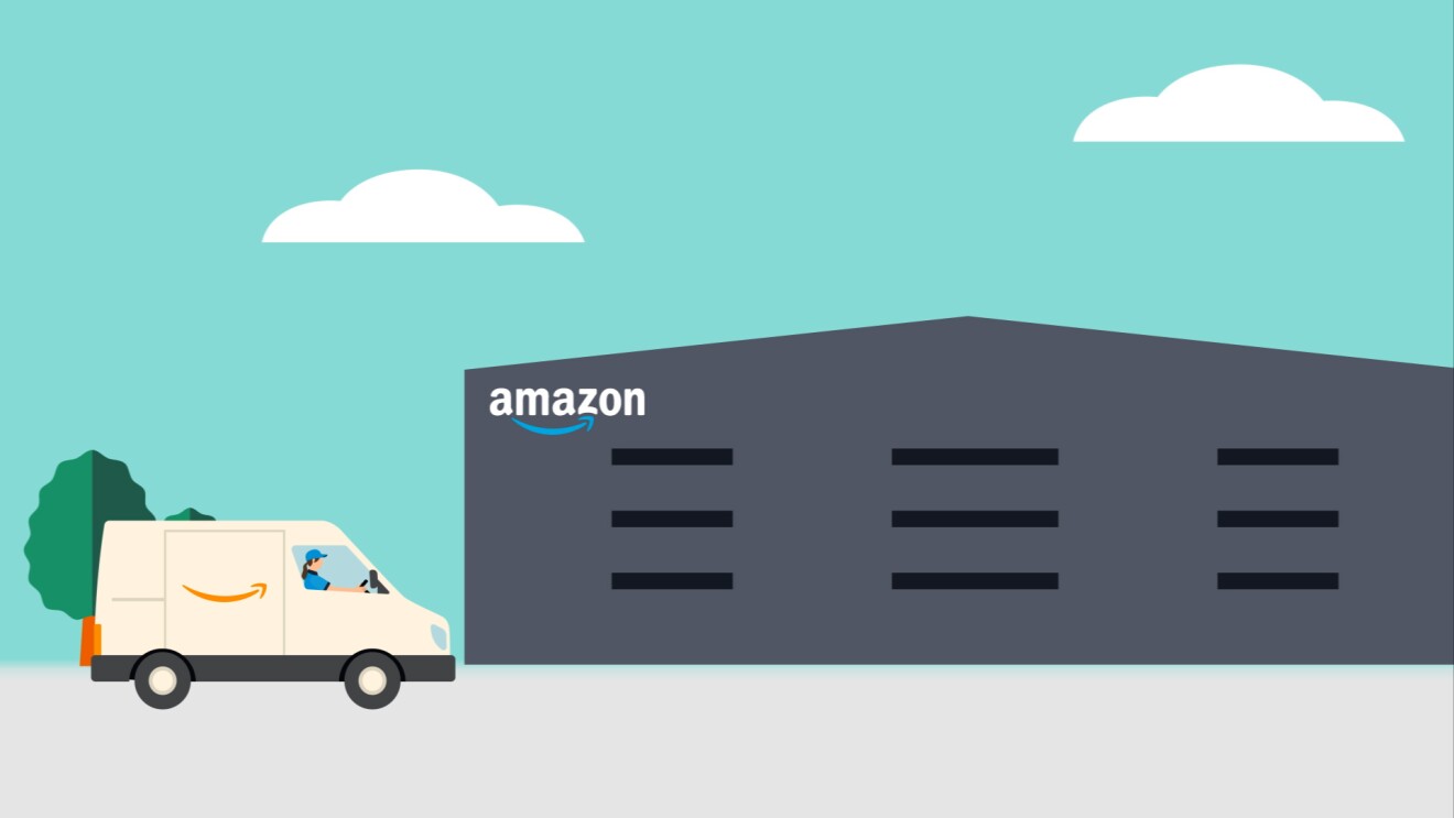 Amazonのロゴが入ったグレーの建物を描いたシンプルなイラスト。左側にAmazonのロゴ入りの白いバン。運転手が見える。
