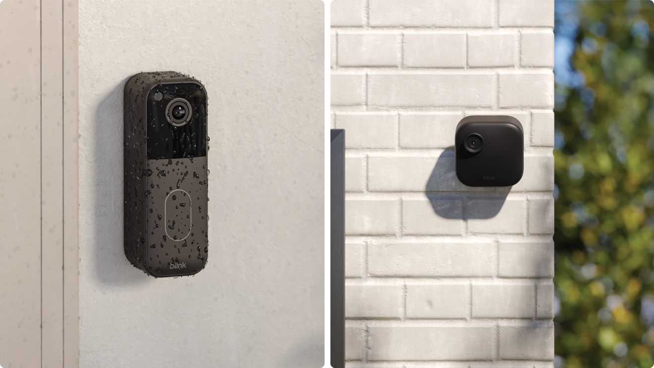 Two smart home security cameras mounted on exterior walls
