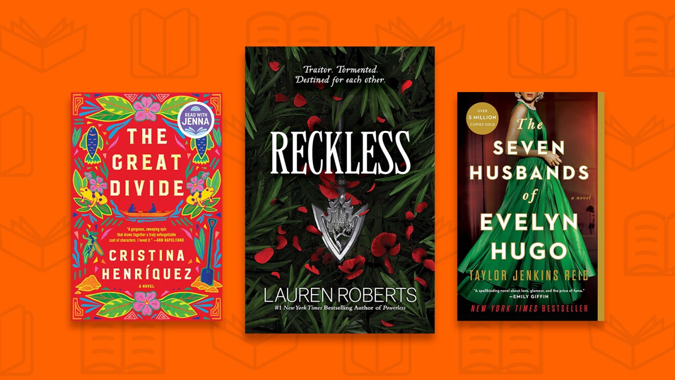 Book covers of 'The Great Divide', 'Reckless', and 'The Seven Husbands of Evelyn Hugo' on orange background