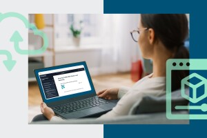 A woman looks at a laptop with AWS course material displayed.