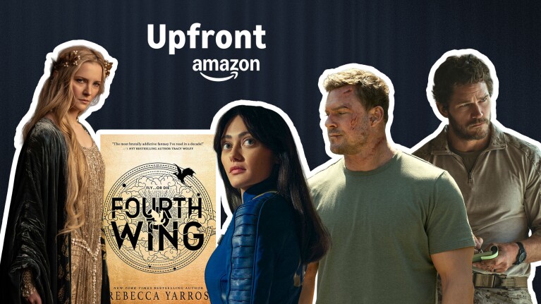 Upfront Amazon banner featuring Fourth Wing book cover by Rebecca Yarrow surrounded by four fantasy characters with medieval and military styling