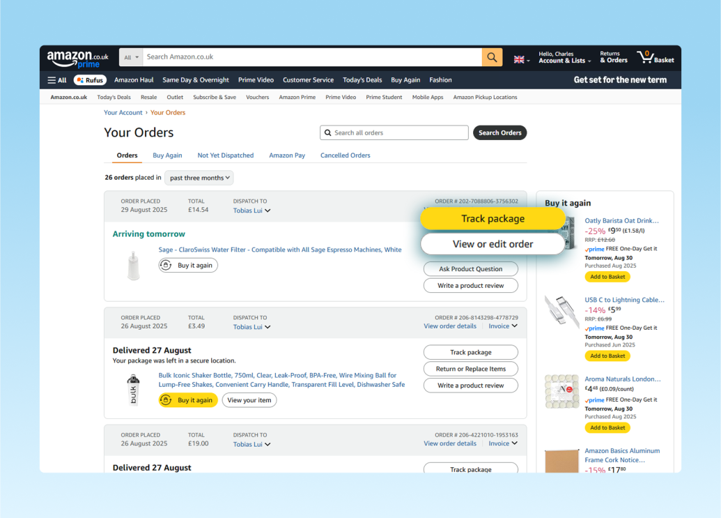 Amazon order history page showing recent purchases and delivery status