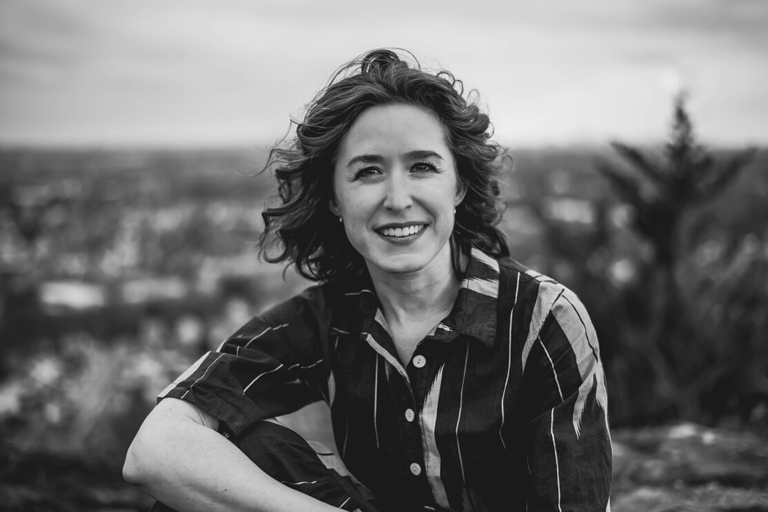 A close-up, black-and-white photo of Katie S Vitolins, head of Amazon Music for Artists. 