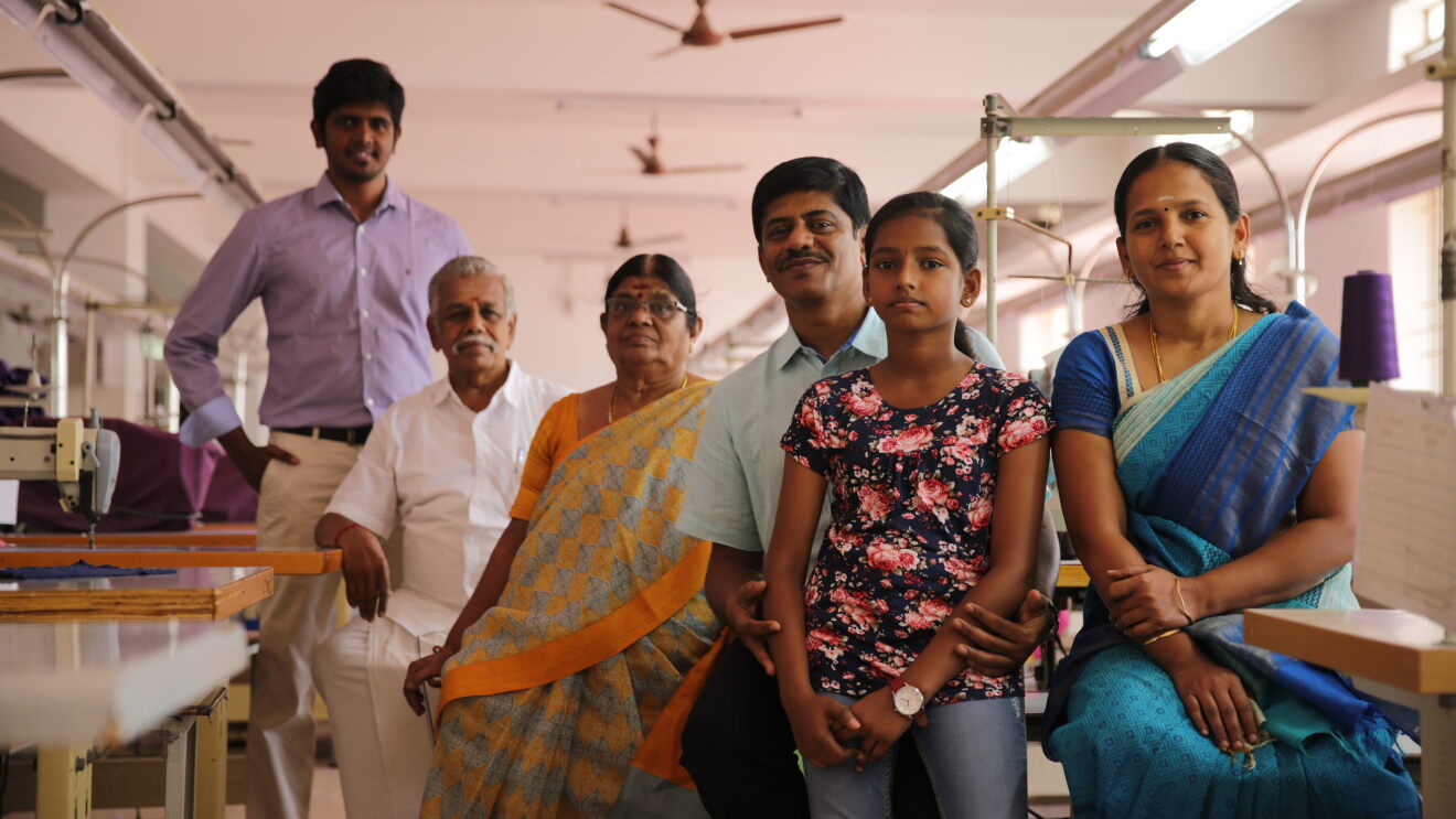 Sivaraj of the Espresso brand of knitwear at his workplace and with his family