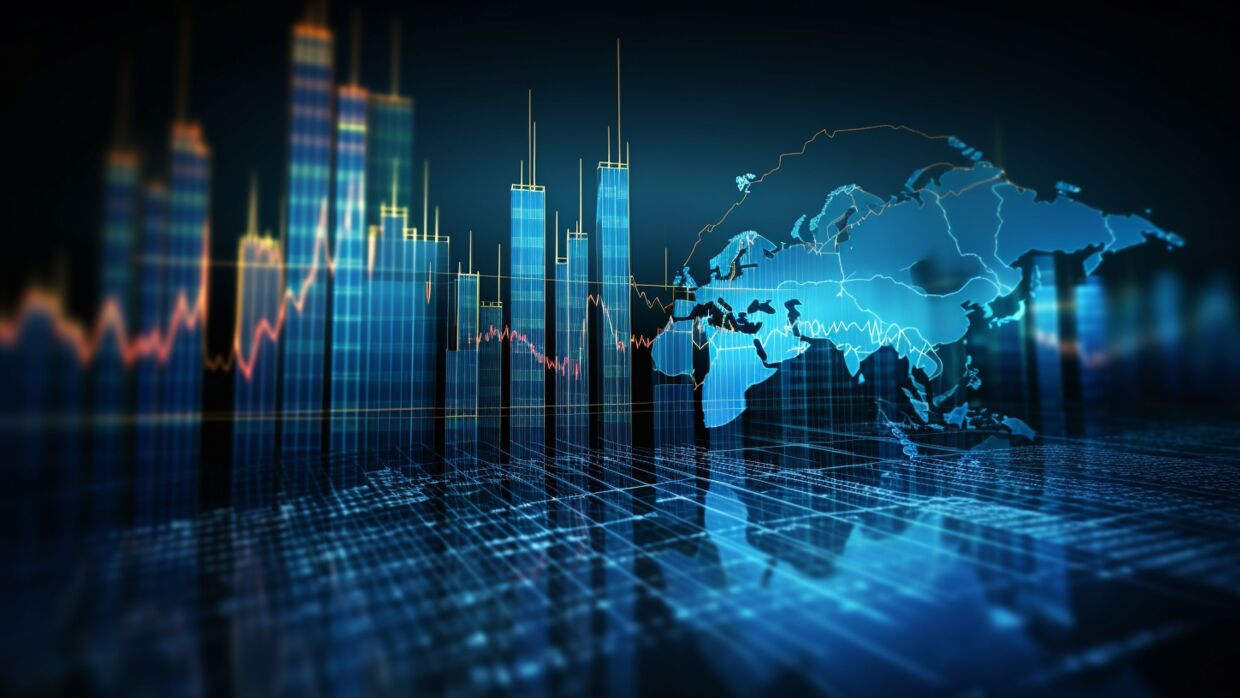 Montaje de mapa del mundo con un gráfico como de análisis.
