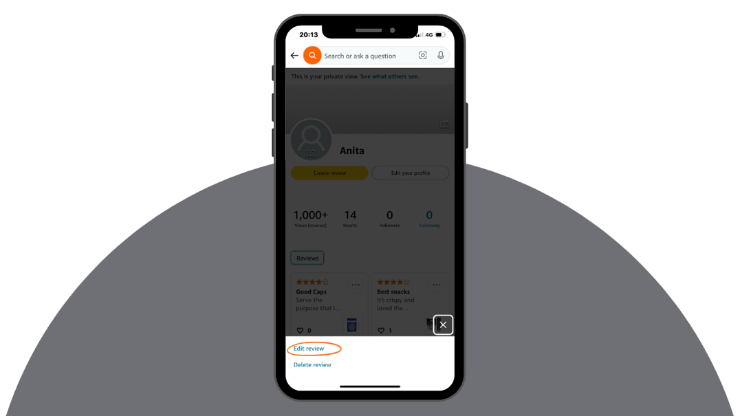 Mobile screen showing how to edit amazon reviews