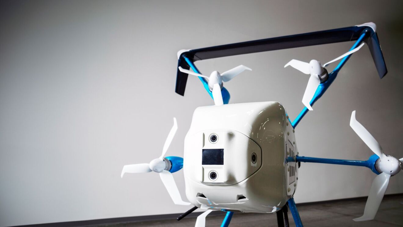 MK30 Prime Air white drone with blue accents and folding propellers