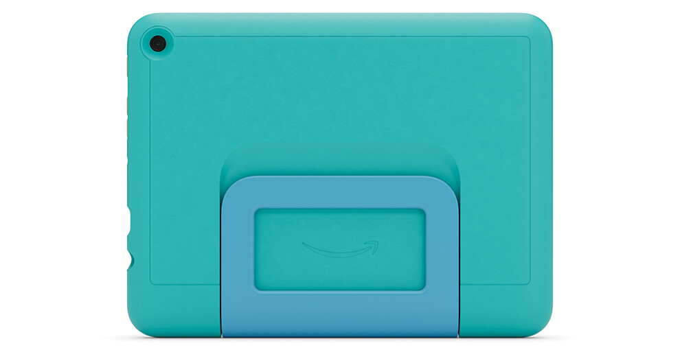 ライトブルーグリーンのタブレットの背面。左上隅にカメラレンズの穴。中央にAmazonロゴ。