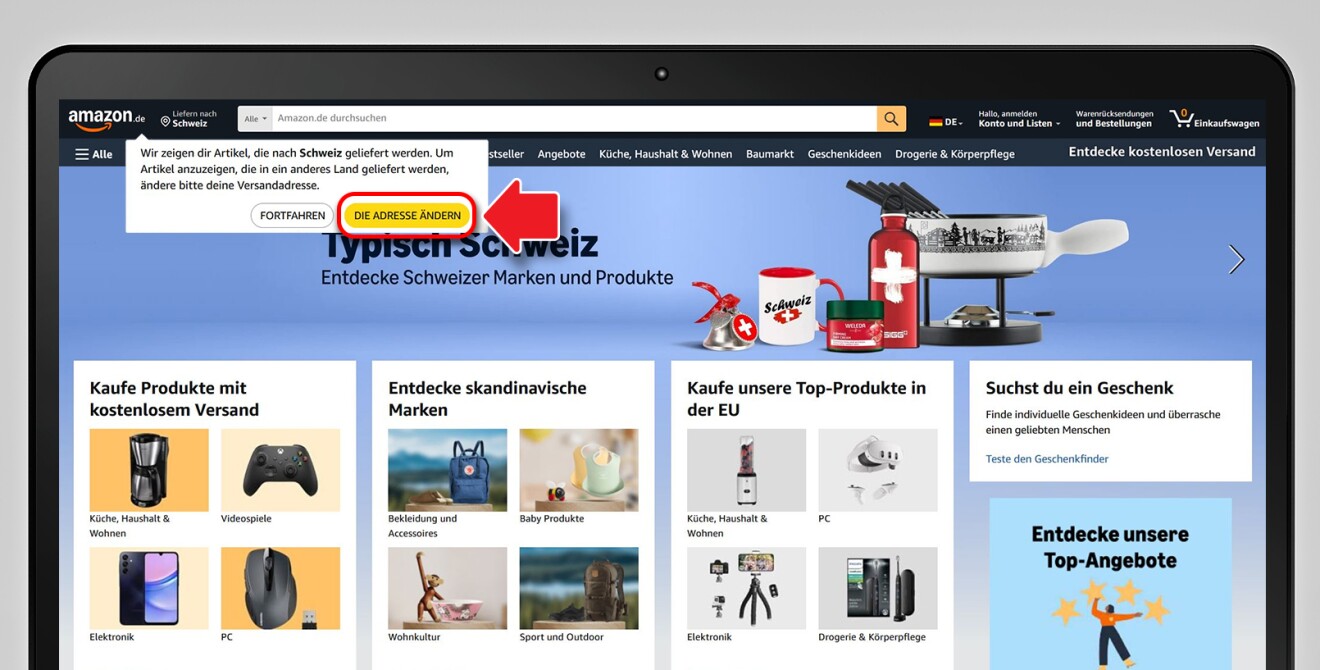 Screenshot der amazon.de-Startseite für Schweizer Kundinnen und Kunden: Links oben kann man die Schweiz als Lieferland einstellen.