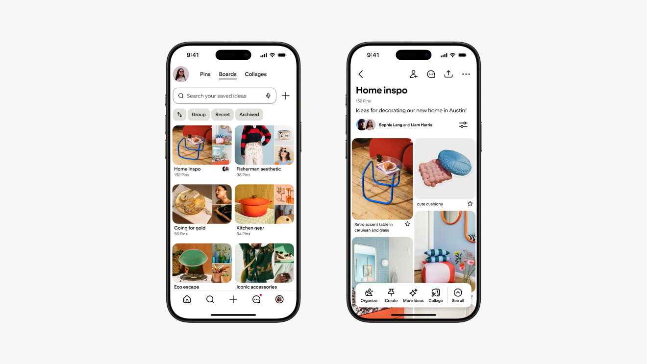 Pinterest mobile app displaying a collection of home decoration ideas including chairs, cushions, and interior design elements
