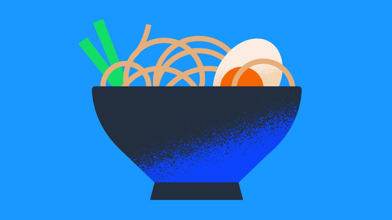 An illustrated image of a bowl of food on a blue background. 