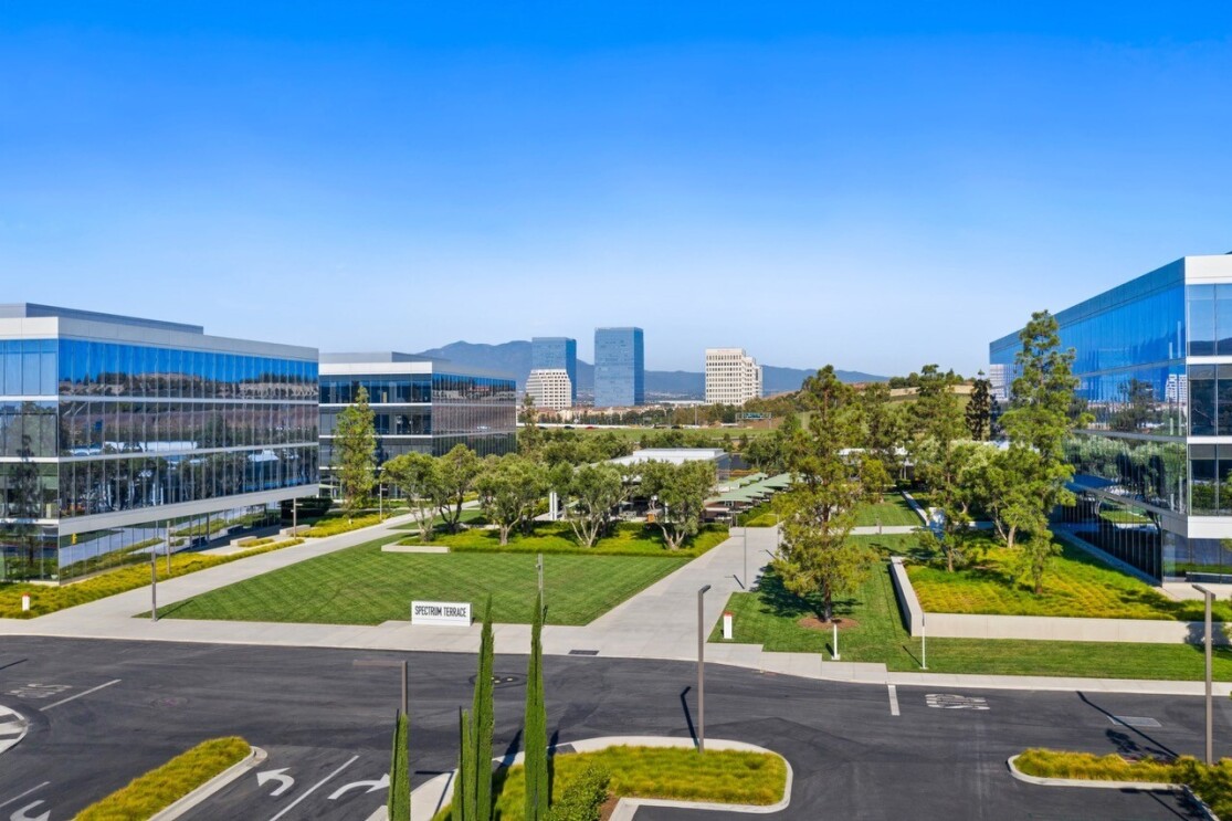 A rendering of the outside of the Amazon office in Irvine, California. 