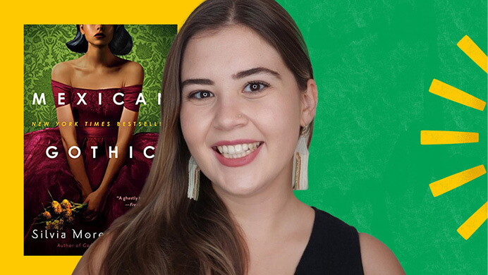 An image of Anna Hernandez, an UX researcher working on Accessibility within Alexa and a cover of a book in the background with assorted illustrations in yellow and green.