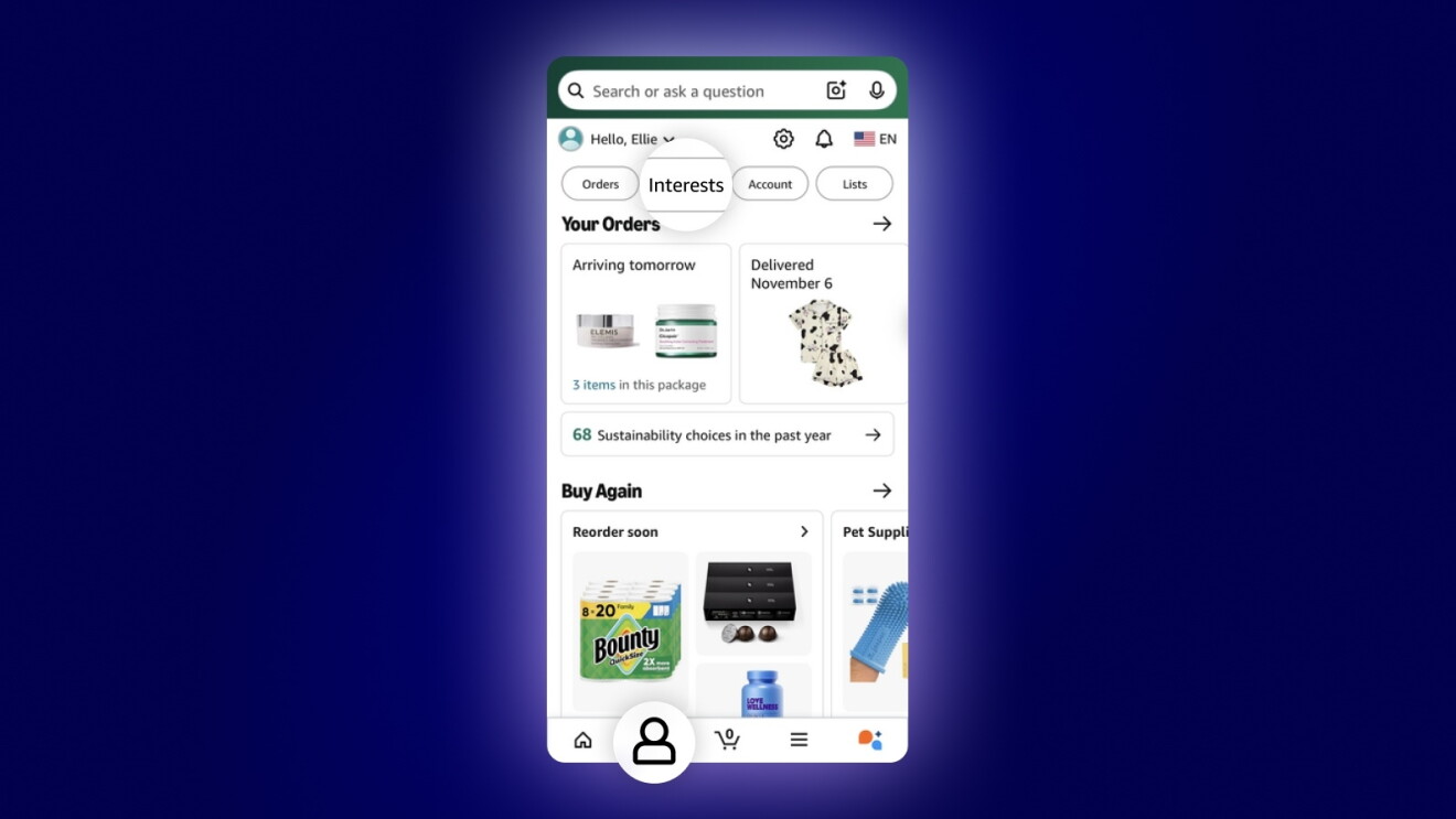 Amazon Mobile shopping app interface highlighting "interests" bar