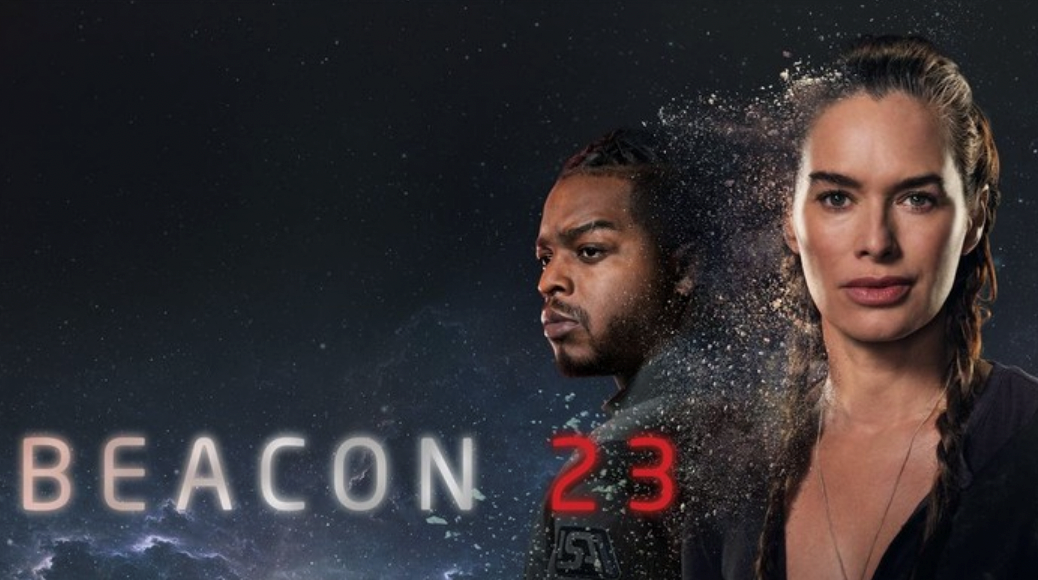 A blonde woman (Lena Heady) that looks drenched with water while behind her is a man (Stephan James) looking sideways. 