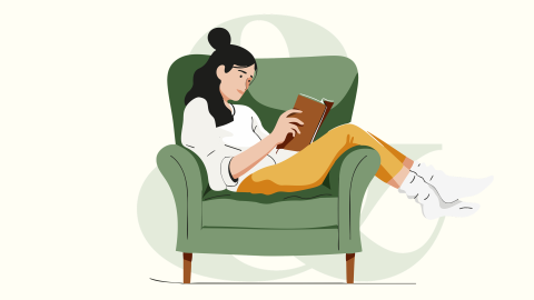 Illustration of  a woman relaxing in green armchair while reading a book