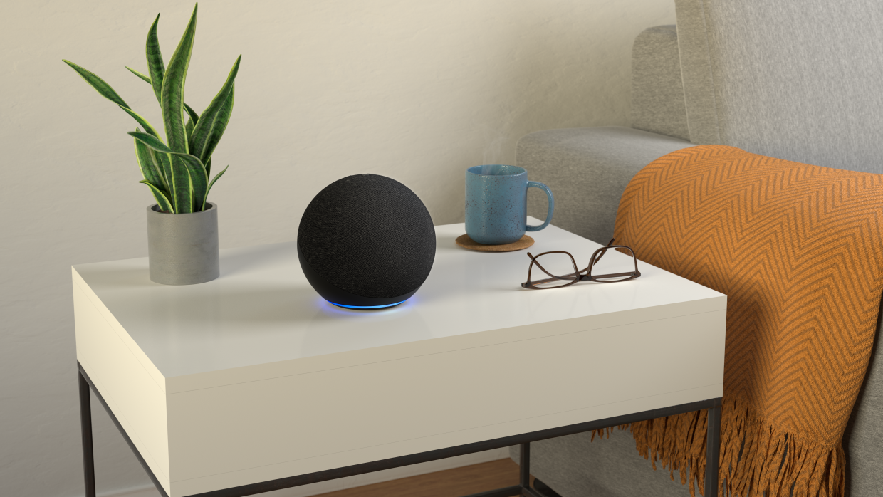 Alexa device with plant, glasses and mug
