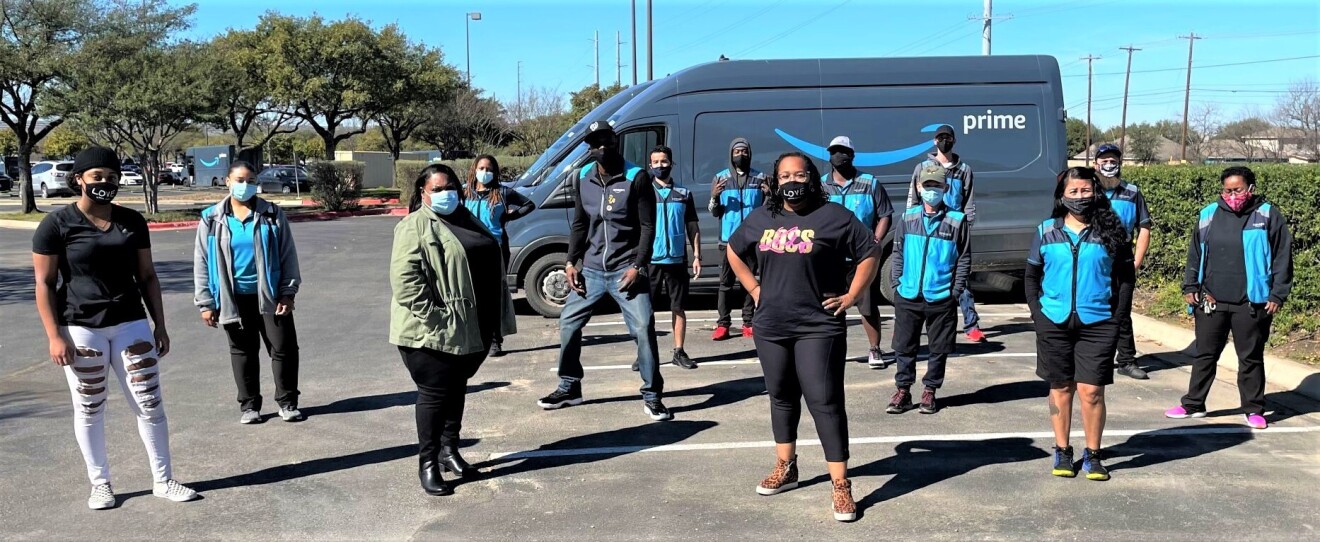 Group photo of Amazon Delivery Service Partner, Sophia Strother owner of L2E Industries with her employees.