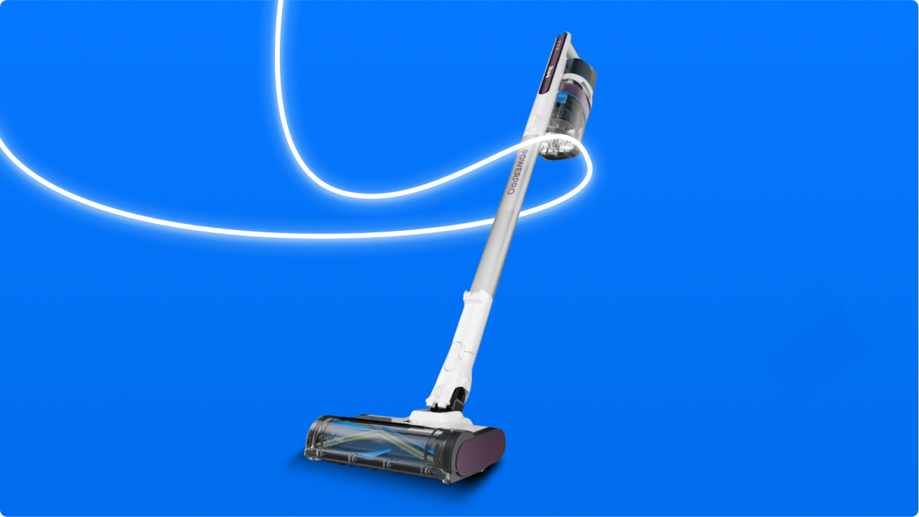 Cordless vacuum cleaner with light trail on blue background
