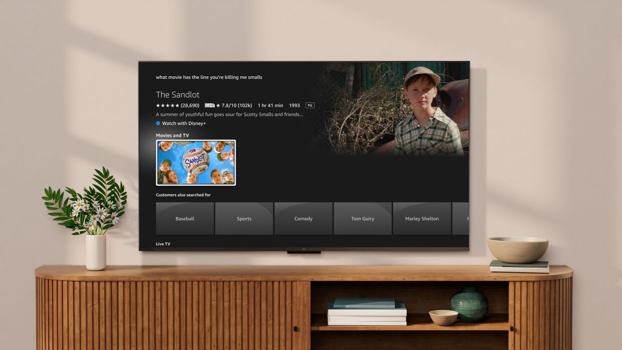 search words in presentations An image of a Fire TV in a living room showing Fire TVâs AI-enhanced search.