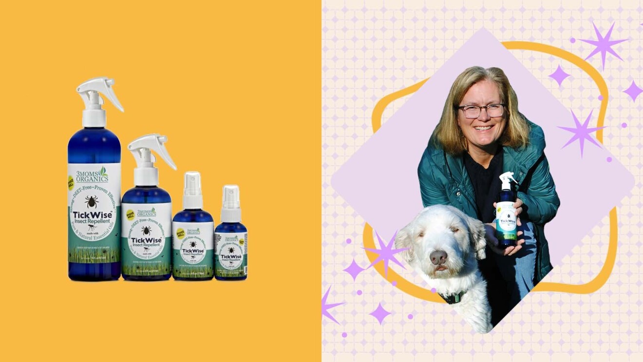 A photo of 3 Moms Organics products and owner Kammy Wolf with a dog.