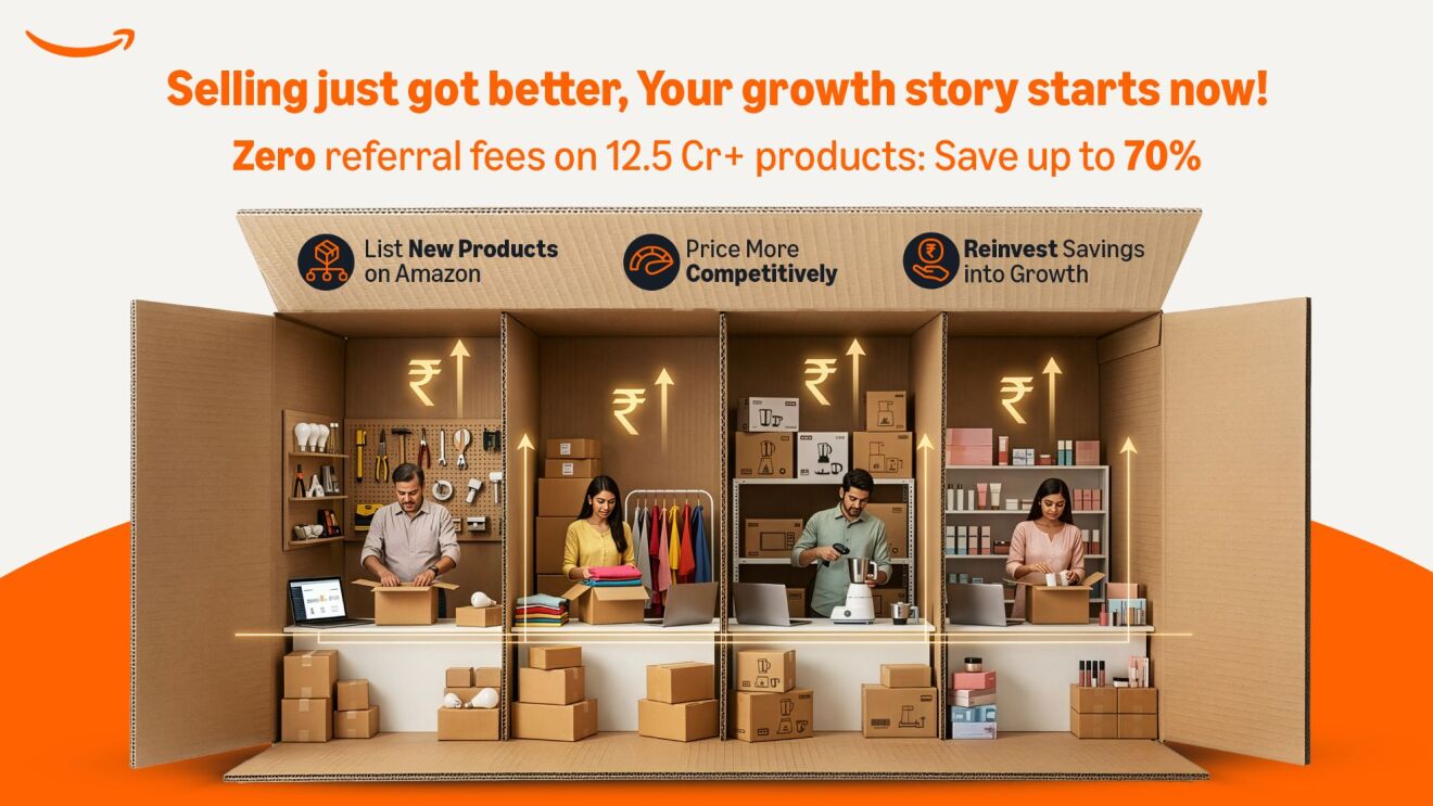 Illustration of Amazon seller benefits: listing new products, competitive pricing, reinvesting savings