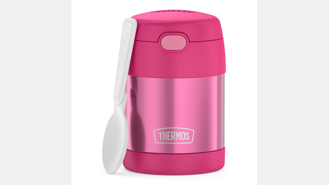 Image of pink Thermos Funtainer with folding spoon.