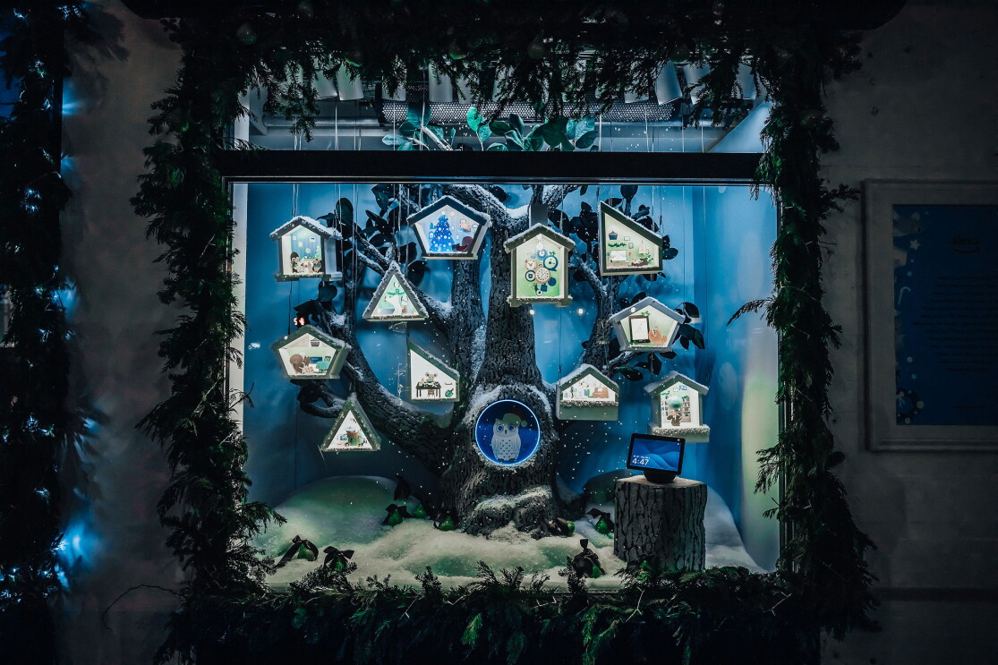An image of the Alexa holiday window display in New York City