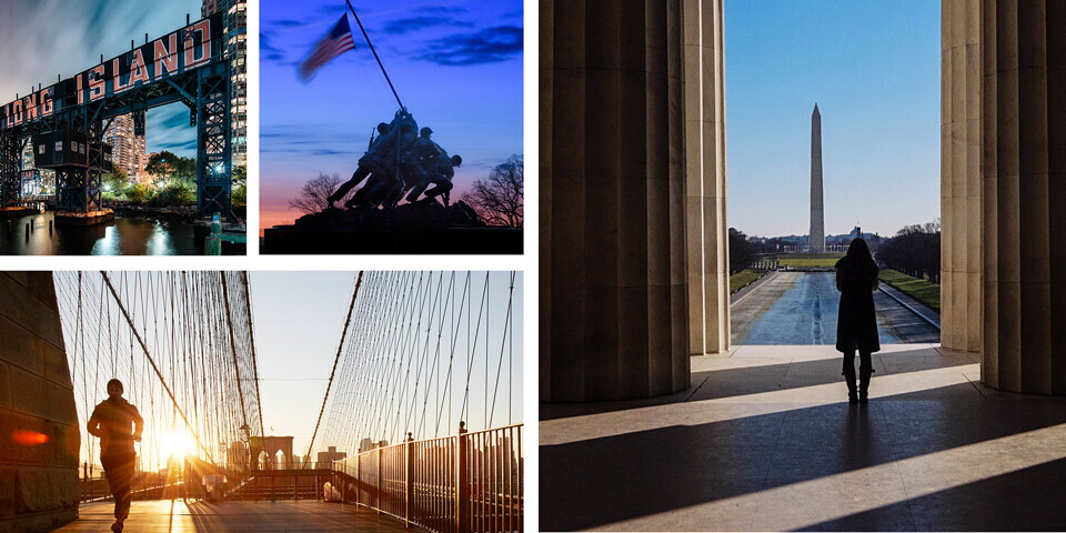 Six images in a collage featuring scenes from New York City, NY, Arlington, VA, and Nashville, TN. From top left: Long Island bridge with "LONG ISLAND" painted on the side of the bridge in red and white, The Marine Corps War Memorial which was inspired by the iconic 1945 photograph of six Marines raising a U.S. flag atop Mount Suribachi during the Battle of Iwo Jima in World War II. A person runs across a bridge as the sun rises behind them. A person stands in the shadows of the Lincoln Memorial, facing the Washington Monument. A person wears a pair of red cowboy boots , standing on double yellow lines on a road. A downtown scene of Nashville at night, showing the Grand Ol Opry and other street signs. 