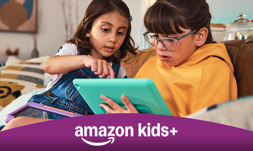 Two young girls using Amazon Kids+ on a kindle
