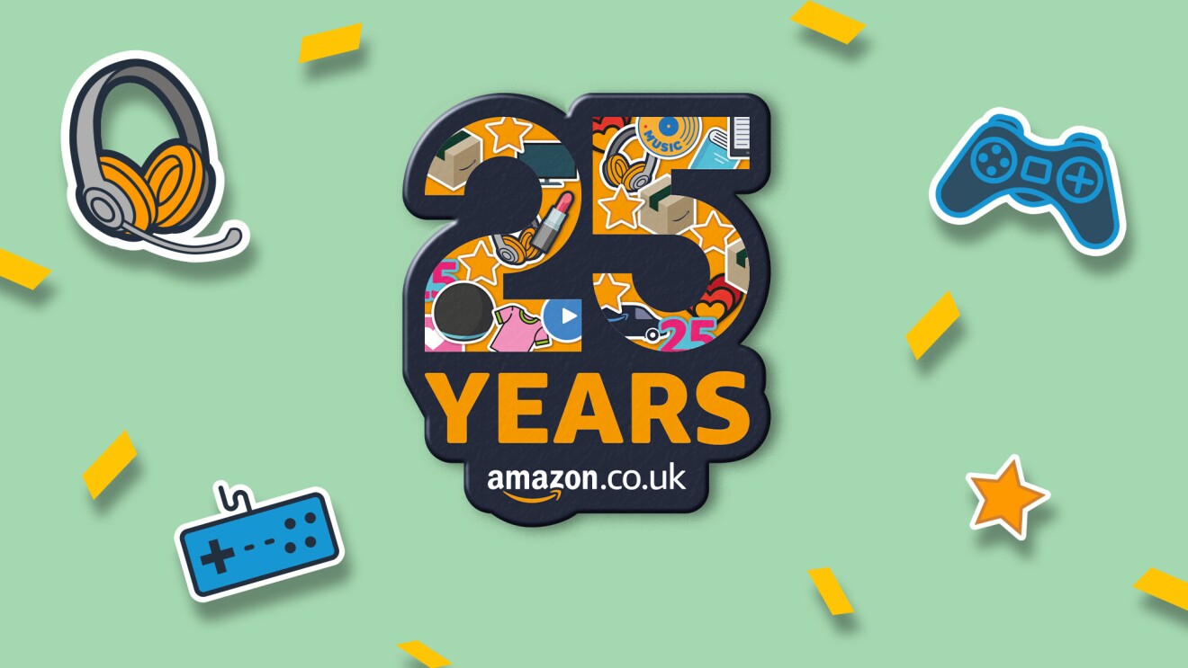 Amazon's 25 year anniversary on a green background with video game icons