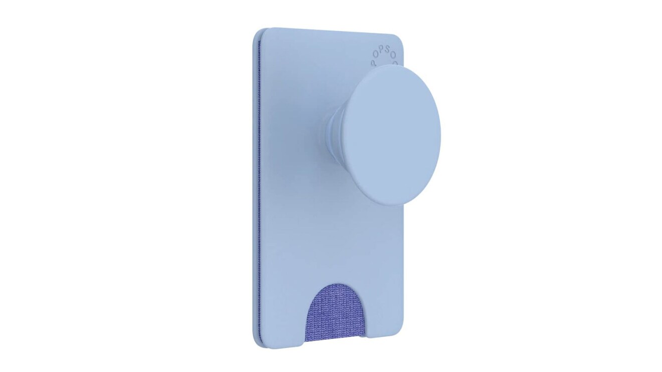 An image of a light-purple phone case with a circular stand poking out the back of it. There is a slot for cards at the bottom.