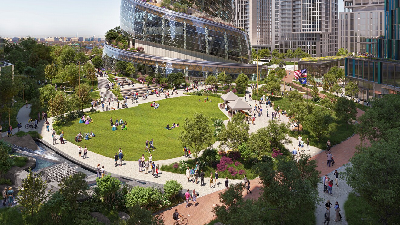 A rendering of the central green area at PenPlace at HQ2.