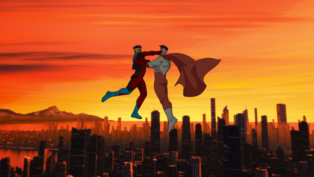Invincible Amazon Original Series Superheroes flying above city skyline at sunset