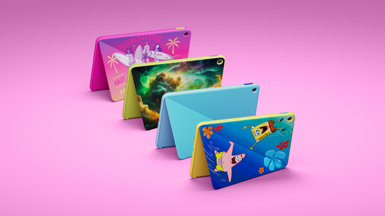 The backs of Amazon Kids Tablets featuring various designs