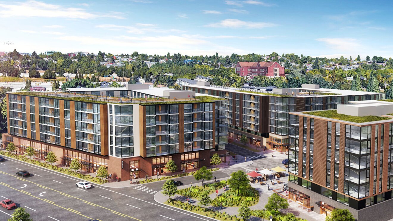 An illustration of the Grand Street Commons apartment building in Seattle, WA.
