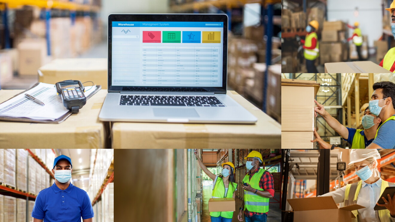 Collage mit Laptop im Lager, verschiedenen Logistikmitarbeiter:innen.